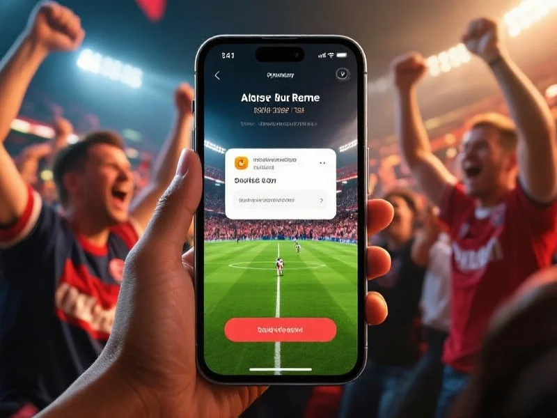 手机屏幕弹出即时体育赛事结果通知，背景为欢呼的球迷，画面充满动感